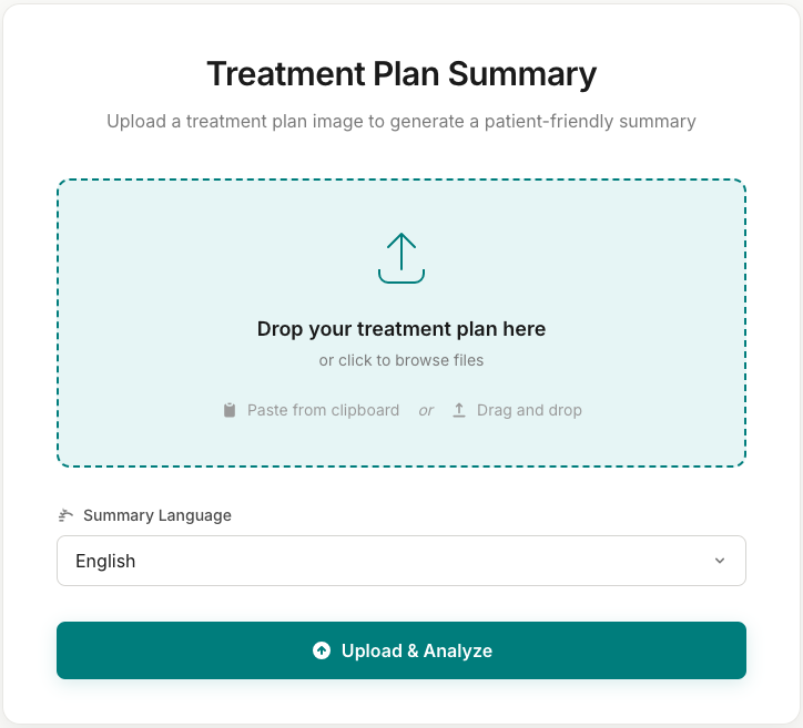 CaseFlow upload interface - paste or drop your treatment plan screenshot